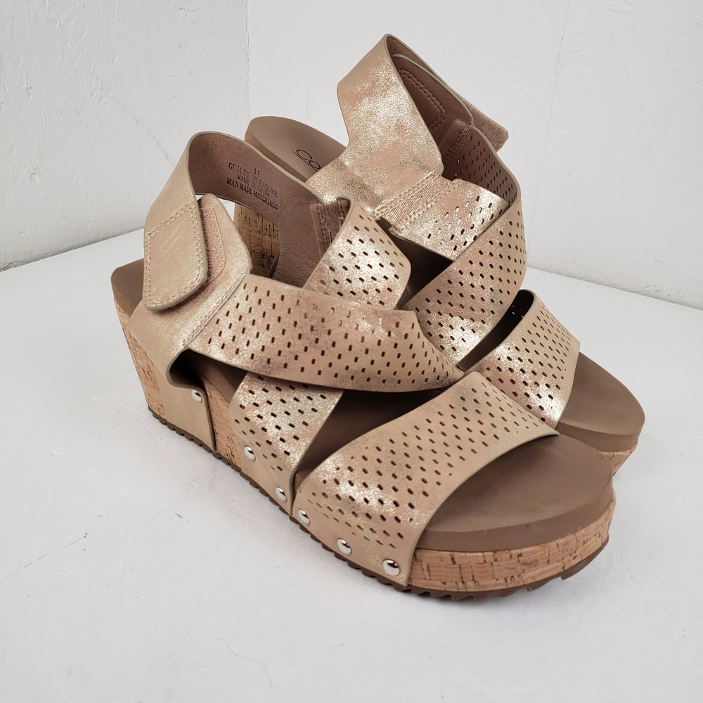 Corkys Guilty Pleasure Champagne Gold Metallic Perforated Wedge Sandals 11